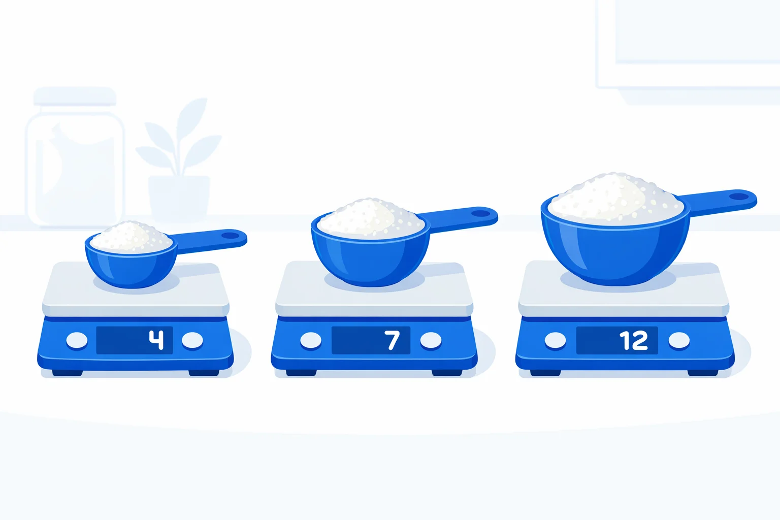 Three different-sized measuring tablespoons holding sugar above a kitchen scale, each showing a different gram weight to illustrate how tablespoon size varies by country