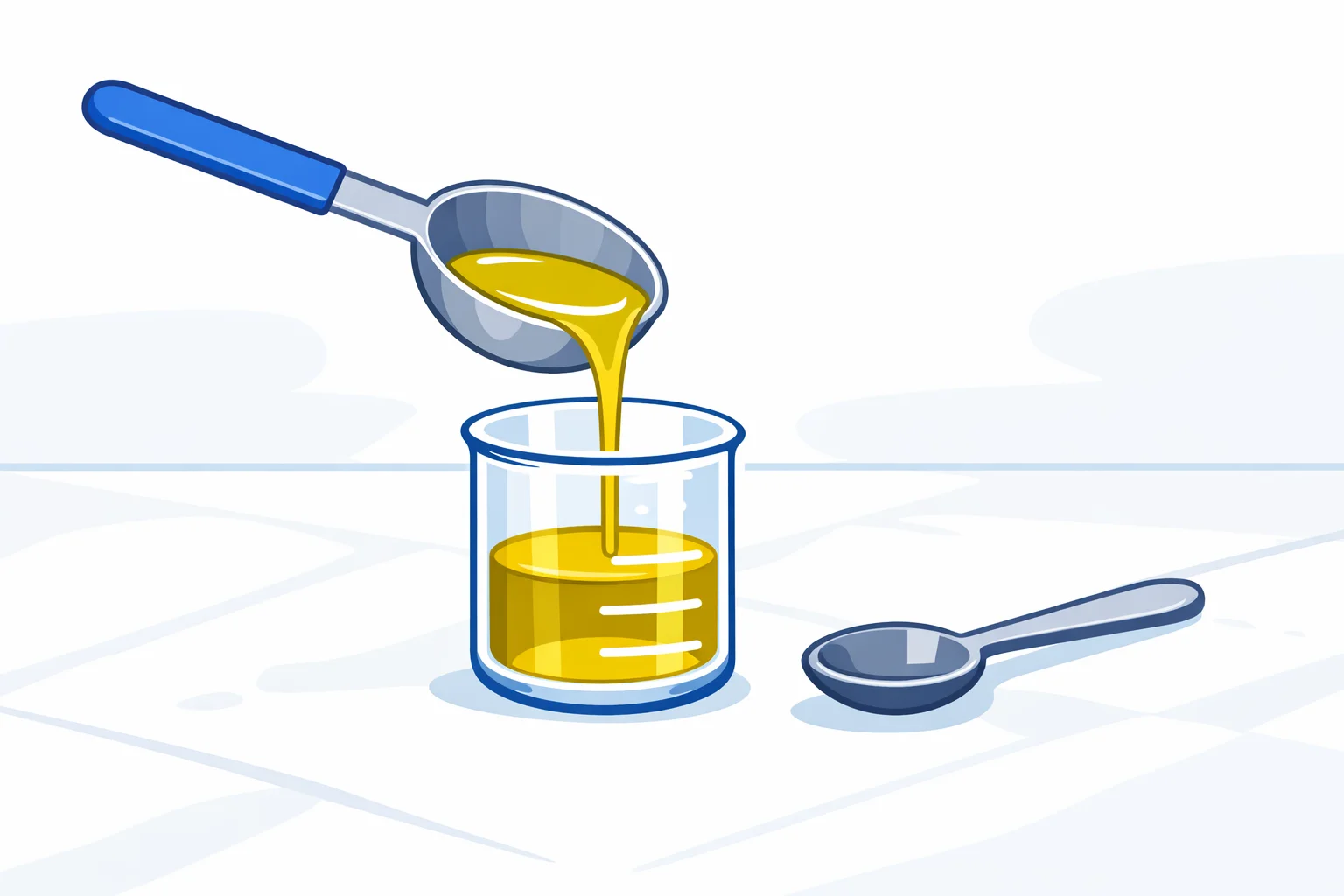 Tablespoon measure pouring oil into a beaker marked in milliliters for tablespoons to mL cooking conversion
