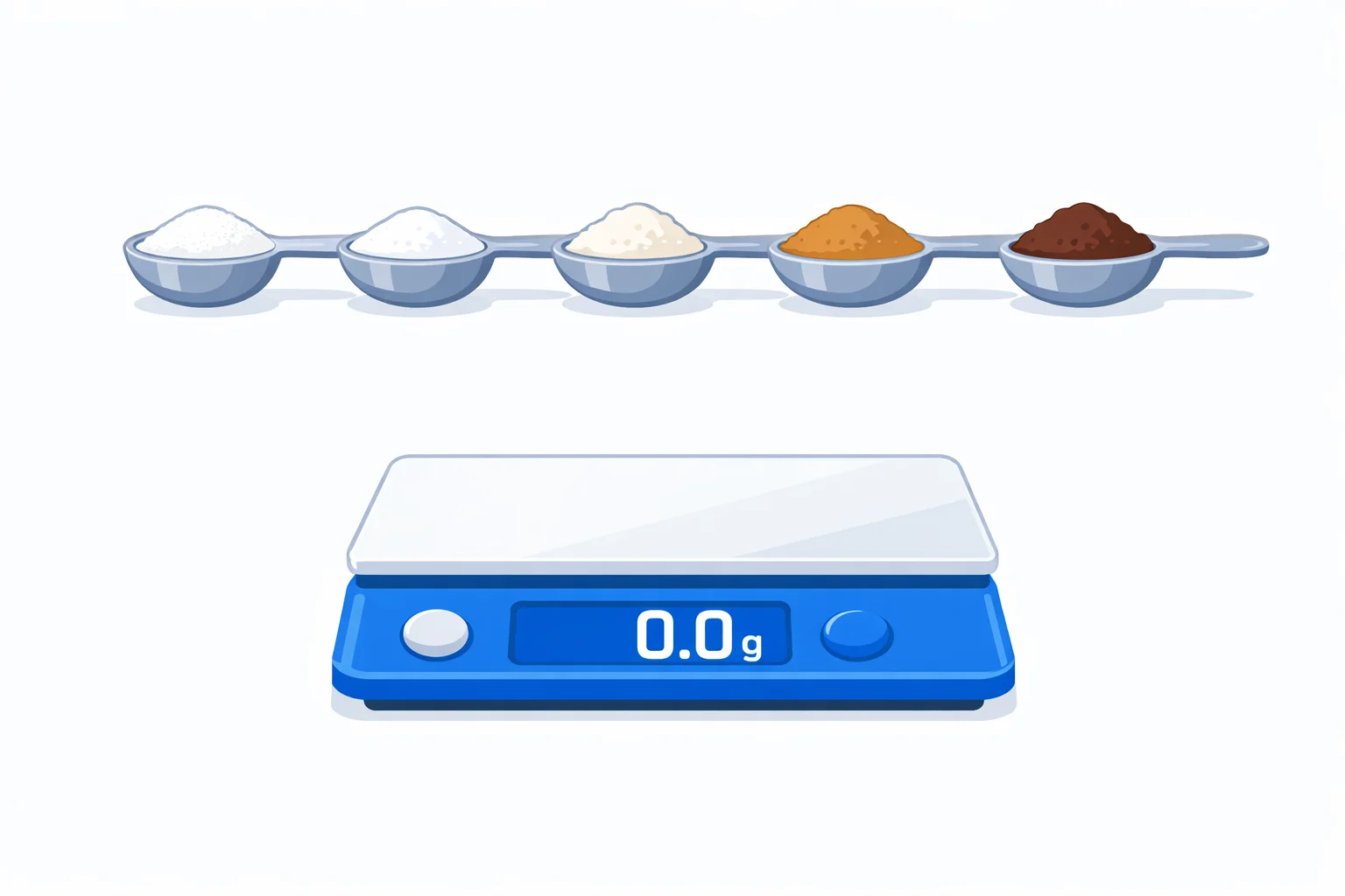 Teaspoons to grams conversion — measuring teaspoons of sugar, salt, flour, cinnamon and cocoa beside a digital gram scale