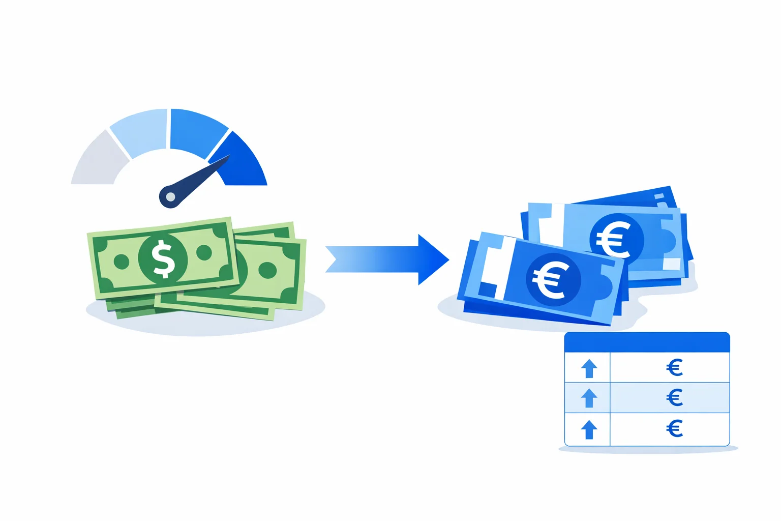 USD to EUR converter visual guide showing US dollar bills turning into euro banknotes with a dollar-strength gauge and per-dollar euro value