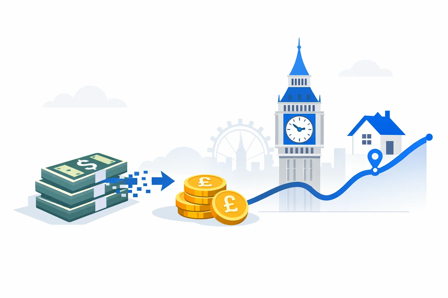 USD to GBP converter visual guide showing US dollars converting into fewer British pound coins beside Big Ben with a dollar-strength rate line and a UK property icon