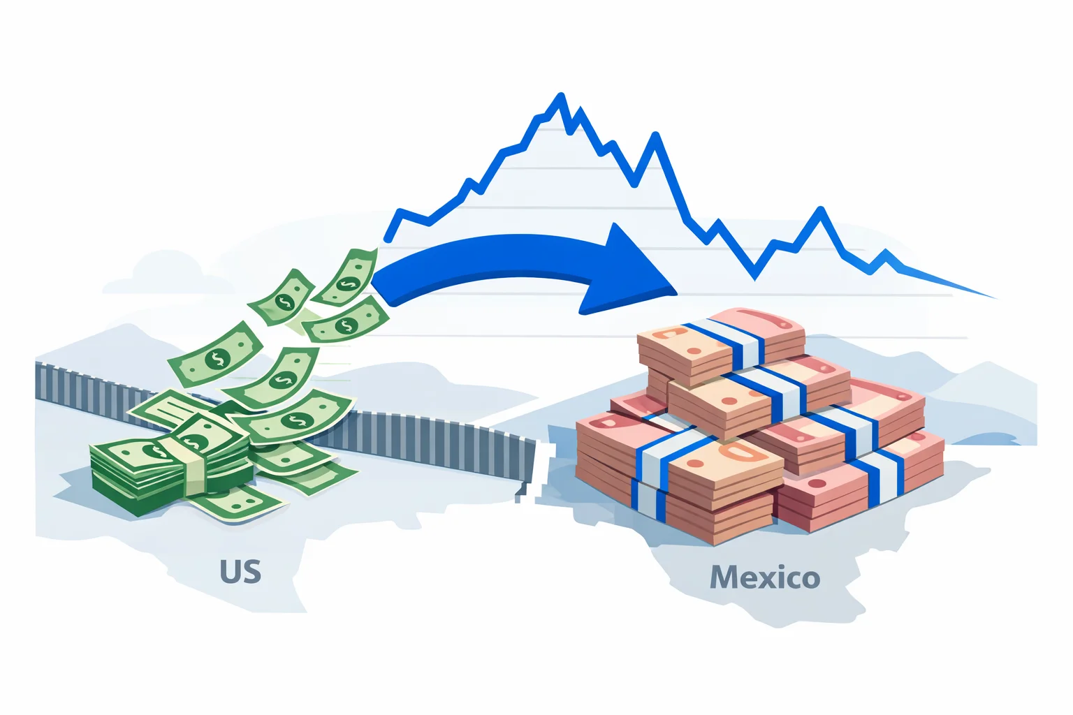 USD to MXN converter visual guide showing US dollars crossing the border into a larger stack of Mexican pesos with a dollar-peso rate line and a cross-border remittance arrow