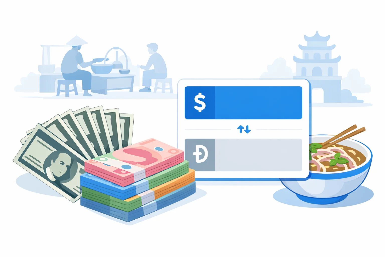 USD to VND converter visual guide showing US dollar bills beside colorful Vietnamese dong polymer banknotes and a Hanoi street-food scene with a bowl of pho