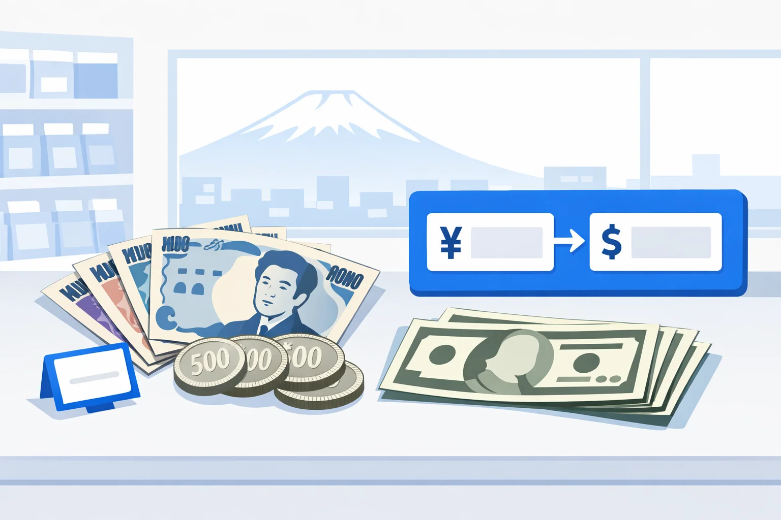 Yen to dollars converter visual guide showing Japanese yen banknotes and ¥500 coins beside US dollar bills on a Tokyo convenience-store counter with a price tag